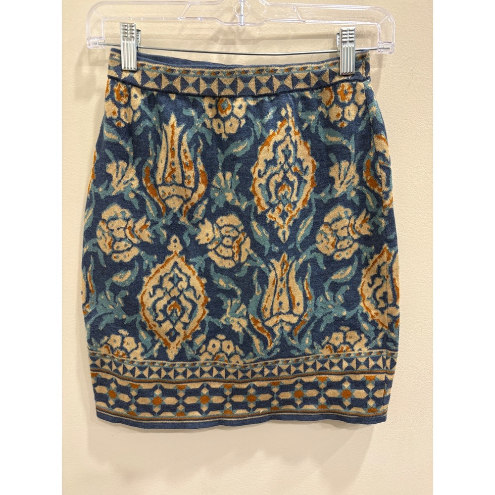 Peruvian Connection Blue Pima Cotton Knit Damask Tapestry Floral Mini Skirt XS